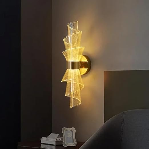 Modern Spiral LED Wall Light | Designer Gold Mesh Wall Lamp for Living Room, Bedroom, Hallway | Decorative Indoor Wall Sconce Light | Warm White Luxury Lighting Fixture (Gold-FF/A/C)-image-31