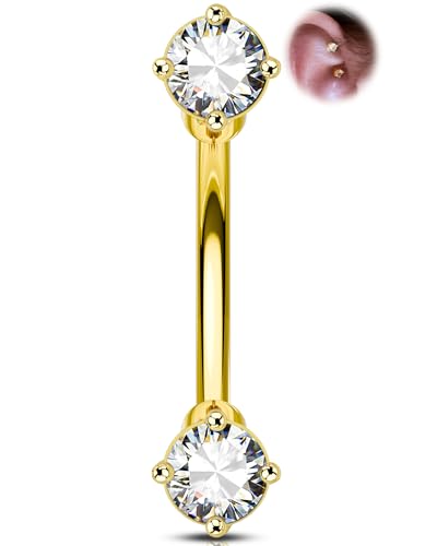 OUFER 16G Gold Curved Barbell 316L Chirurgenstahl Augenbrauen-Barbell Rook Piercing Schmuck mit 2 funkelnden Zirkonia-Steinen Helix Tragus Conch Lobe Labret Ohrring 6 mm