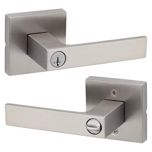 Image of Kwikset Singapore Entry Door Handle with Lock and Key, Secure Keyed Reversible Lever Exterior, For Front Entrance and Bedrooms, Satin Nickel, Pick Resistant Smartkey Rekey Security and Microban