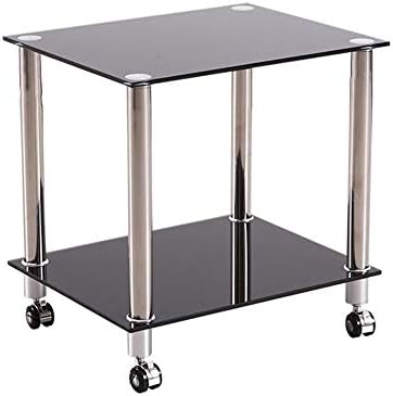 Telephone Table, Sofa Side Table,Square Tempered Glass Small Coffee Table,Telephone Table,Negotiation Table,with Pulley,Fixed Foot，2 Colors(Color:Black,Size:19.4815.5520.