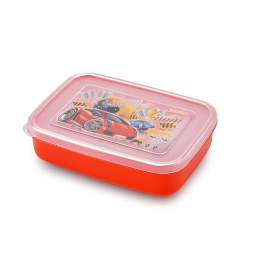 Image of Nayasa Ninja 2 Compartment BPA-Free Plastic Lunch Box for Kids Boys | Cars Print | Leak Proof Push Lock | Red