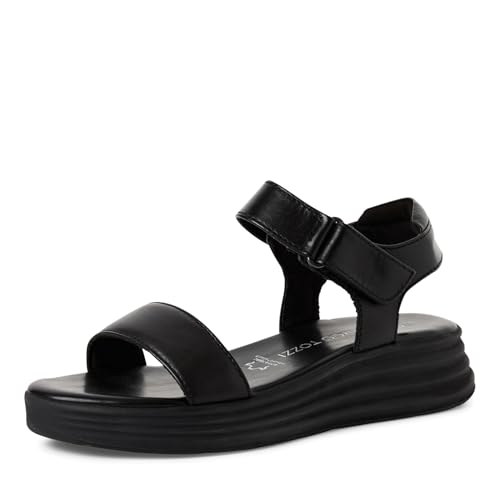 MARCO TOZZI Damen Sandalen flach aus Leder mit Klettverschluss, Schwarz (Black), 38 EU
