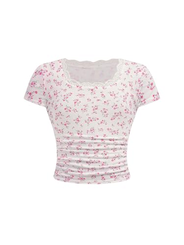 Image of RoseSeek Girl's Ditsy Floral Print Lace T Shirt Short Sleeve Ribbed Ruched Cute Tee Shirts Summer Tops