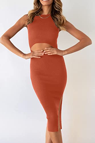 Image of PRETTYGARDEN Women's Summer Midi Bodycon Dresses Casual Crew Neck Side Slit Sleeveless Knit Cut Out Tank Top Dress