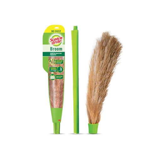 Scotch-Brite No-Dust Broom with Long Handle | Flat Fiber Jhadu for Fine Dust &amp; Hair | Reaches All Corners | Multipurpose Floor, Cobweb &amp; Ceili