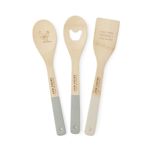 Cooksmart Hen House Lane Lot de 3 ustensiles de cuisine en bambou | Ustensiles de cuisine en bois naturel | Outils de cuisine durables et légers | Motif poule de ferme gravé | Respectueux de