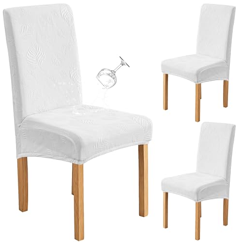 Image of Genina Waterproof Dining Chair Cover Set of 2,Kitchen Chair Cover,White | Stretch Dining Room Chair Slipcover with Leaf Jacquard,Removable Kitchen Chair Protector for Home,Restaurant,Banquet