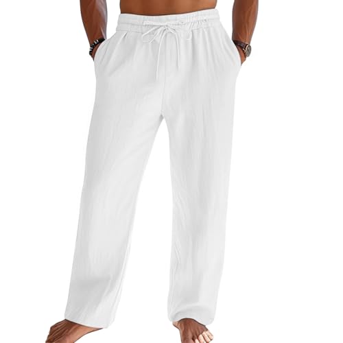 Litthing Leinenhose Herren Leicht Sommerhose mit Kordelzug Elastischer Bund Lässige Freizeithose lang Loose Fit Baumwollehosen mit Seiten- und Gesäßtaschen für Urlaub Strand Sommer