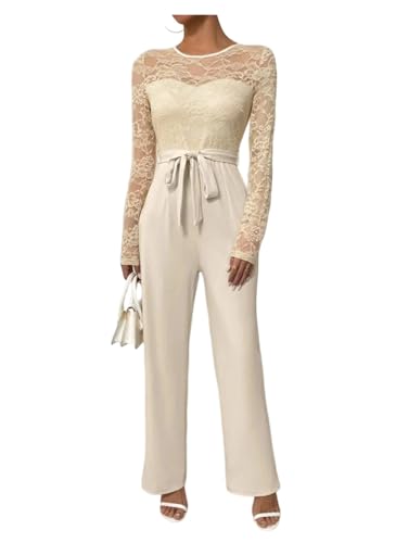 Women Lace Splicing Long Sleeve Jumpsuit Slim Fit Lace Up