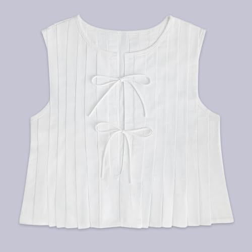Linen Bow Tie Front Tank Tops Vest Women Coquette Babydoll Peplum Blouses Y2k Sleeveless Pleated Ruffle Tunic Shirt3