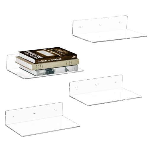 Image of 12 Inches Clear Wall Shelves, Moisture-Proof Acrylic Bathroom Organizer Shelves for Wall, Floating Shelves for Bathroom, Funko Pop Shelves, 4 Pack