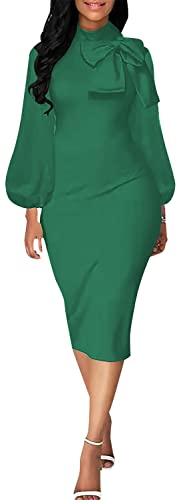 Image of Sexy Long Sleeve Dress for Women Solid Color Bow Knot Turtleneck Formal Gown Midi Casual Church Dresses