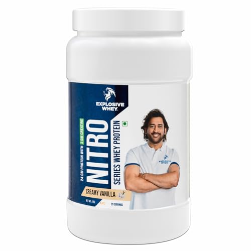 Image of Explosive Whey Nitro Series Whey Protein - Trusted by M.S. Dhoni | 24g Protein & 3g German Sourced Creatine for Strength, Endurance, & Lean Muscle - 29 Servings (29 Servings - 1Kg, Creamy Vanilla 24g Protein)