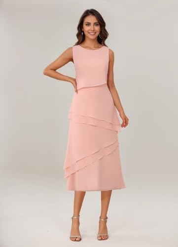 Chiffon Mother of The Bride Dresses 2 Pieces Tiered Tea Length Formal Evening Dress with Jacket JH0124