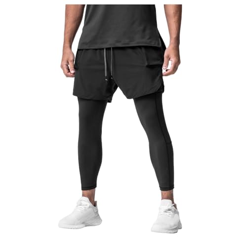 2 in 1 Running Pants Men Compression Athletic Comfy Pants Tights Quick Dry Gym Workout Legging Shorts with Zipper Pockets,Black,Large