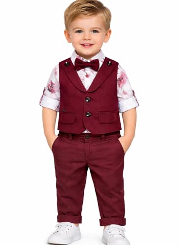 Image of Baby Boys Formal 3 Piece Suit Set with Shirt Matching Pant, Waistcoat & Bow Tie Kids Outfit, Stylish Dress for Toddler & Little Boys, Comfortable Designer Clothing Set