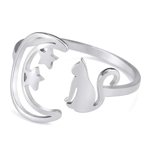 TEAMER Anillo de acero inoxidable lindo gato Luna creciente Estrella Anillo de Gato Resizable Luna Gatos Anillo Cat Lover Joyería Para Mujeres (Gato Estrella Luna Creciente - Plata, Ajustable) | Ya disponible en tu tienda friki favorita! En mundofriki.es! TEAMER Anillo de acero inoxidable lindo gato Luna creciente Estrella Anillo de Gato Resizable Luna Gatos Anillo Cat Lover Joyería Para Mujeres (Gato Estrella Luna Creciente - Plata, Ajustable) | Ya disponible en tu tienda friki favorita! En mundofriki.es!