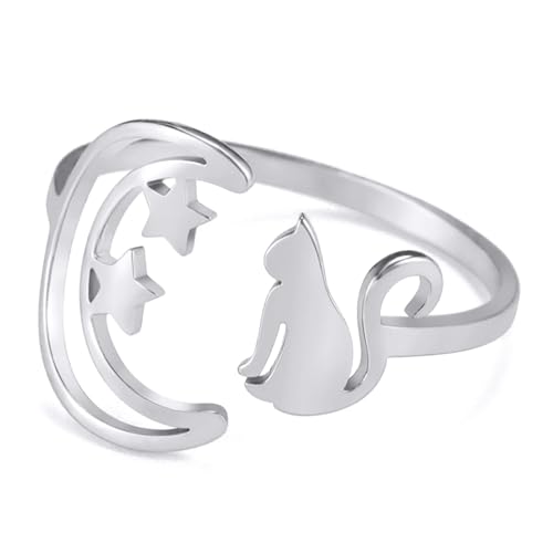 TEAMER Anillo de acero inoxidable lindo gato Luna creciente