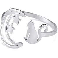 TEAMER Anillo de acero inoxidable lindo gato Luna creciente