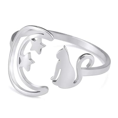 TEAMER Anillo de acero inoxidable lindo gato Luna creciente Estrella Anillo de Gato Resizable Luna Gatos Anillo Cat Lover Joyería Para Mujeres (Gato Estrella Luna Creciente - Plata, Ajustable) | Ya disponible en tu tienda friki favorita! En mundofriki.es!
