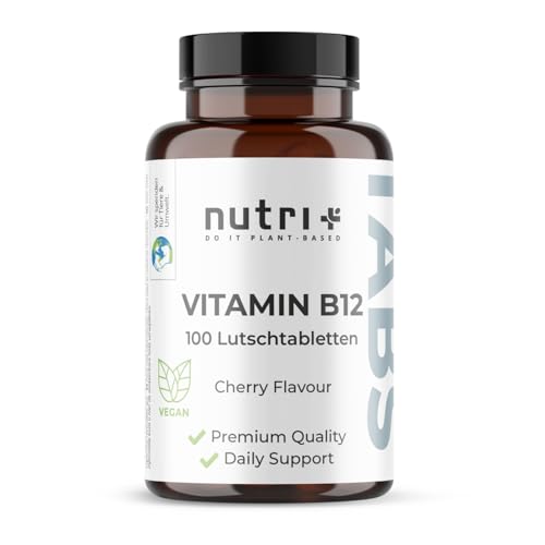 Nutri + Vitamin B12 Lutschtabletten 500µg (mcg) vegan & hochdosiert - aktives Methylcobalamin - 100 vegane Tabletten zum Lutschen - Geschmack Kirsche