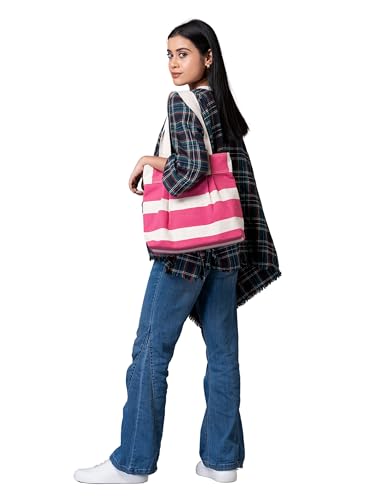 Image of AQVA Striped Cotton Canvas Shoulder Tote Bag for Women with Sturdy Strap Multipurpose Handbag with Zip Closure for Travelling, Shopping and Work