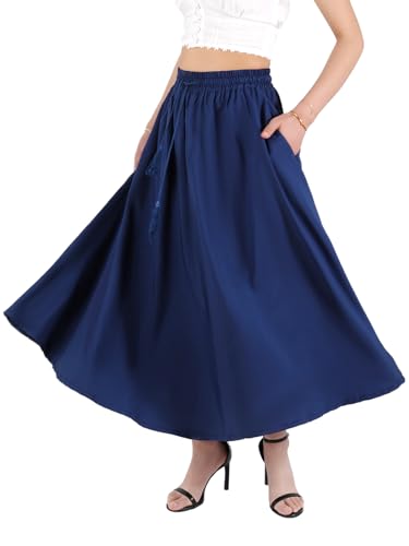 Kefiyis Faldas de verano para mujer, faldas largas con cintura elástica y bolsillos, falda midi con cordón, azul marino, L