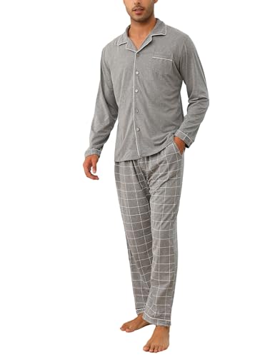 Bresdk Pijama Hombre Invierno Largo Algodón Conjunto de Pijamas Hombre de Manga Larga con Botones y Pantalones a Cuadros Suave y Cómodo