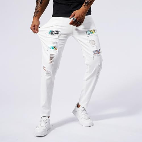 Jeans Pants Trousers Denim White Street Trendy Stretch Slim Fit Piercing Wear and Tear Out Tassel Edge Worn Hole Printed Casual Straight Leg for Men(White,33)3