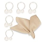 Napkin Rings and Table Polyester Napkins - 6 Pcs Pearl Round Ring Holders and 6 Pcs Beige Linens...