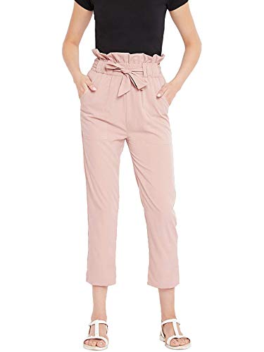 Image of PANIT Solid Rose Gold Colour Pleated elsticated high Waist Trouser has tie up at Waist and Two Pockets.