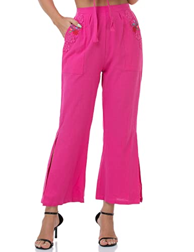 YZXDORWJ Women's Summer Embroidered Casual Cotton Pant Lace Pockets Boho Trousers2