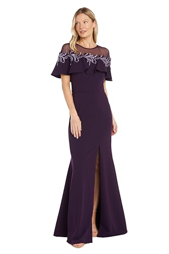 R&M Richards Women's Long Stretch Dress W/Illusion Neckline Beaded Applique