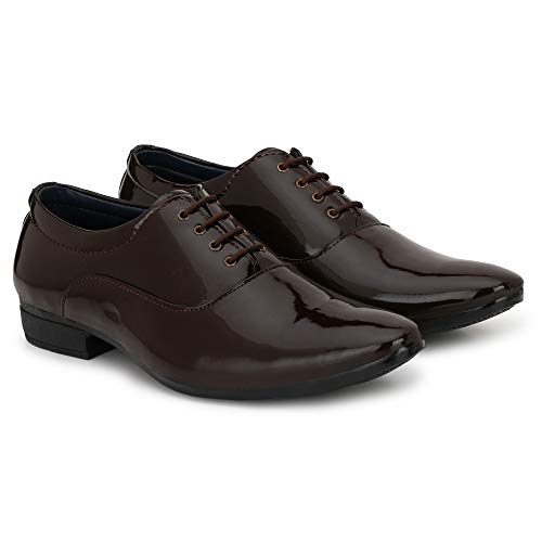 Image of Shoe Island Premium Oxford Patent Leather Designer Class Shining Brown Lace-Up Party Formal Shoes for Men (M5404), Size 10 UK /India