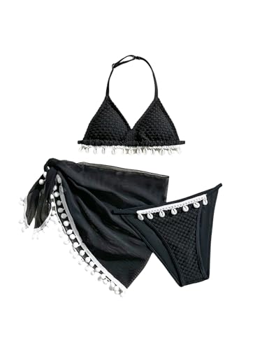 OYOANGLE Girl's 3 Piece Bathing Suits Textured Triangle Halter Bikini Set with Beach Skirt Cover Up