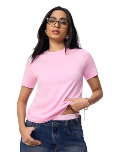 Image of The Souled Store Casual Classics: Women and Girls Short Sleeves Spread Collar Solid Cotton Regular Fit Breathable Lightweight Trendy Everyday T-Shirt