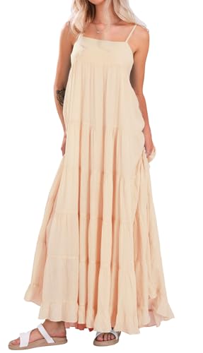 Image of loveimgs Women Summer Spaghetti Strap Smocked Maxi Dress Tiered Ruffle Sleeveless Long Flowy Dress Beach Sundress