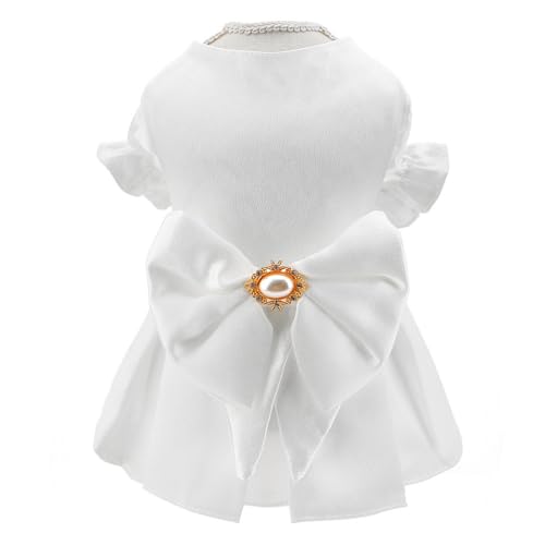 SMALLLEE_LUCKY_STORE Satin Hochzeitskleid für kleine Hunde Eleganter Prinzessin Rock mit Schleife und Perle Tutu Kleid mit Puffärmeln