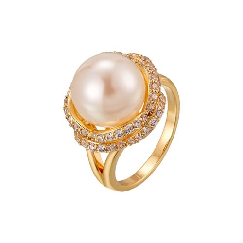 Kokoma Elegant Big Pearl Ring for Women Shiny CZ Crystal Engagement Promise Statement Rings Wedding Band Adjustable Comfort Fit Fashion Jewelry