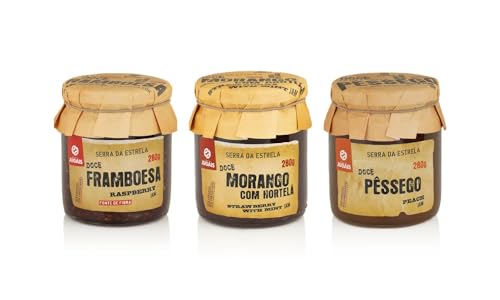 Pack de 3 Frascos de 280g - Contiene Mermelada de Frambuesa, de Fresa y de Melocotón - Ideal para Postres y Desayunos - Sin Colorantes ni Conservantes - Producto Gourmet de Origen Portugués