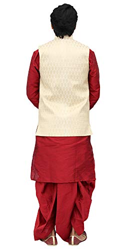 Image of Red Kurta Dhoti With Golden Jacket