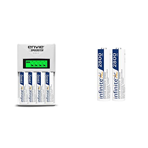 Image of ENVIE (ECR11+AA2800 4PL) Speedster Rechargeable Batteries Charger && Infinite Plus AA High Capacity (2800mAh) Ni-MH Rechargeable Ready to Use Battery Pack of 2