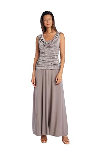 R&M Richards Women's Long Glitter Jacquard Cowl Neck Gown W/Ruched Bodice, V-Back & Flowing Pleated Skirt