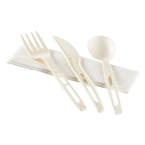 Karat Earth CPLA Heavy-Weight Compostable Cutlery Kits (Knife, Fork, Tea Spoon, 2-ply Napkin), White - 250 sets