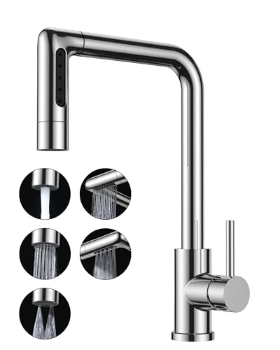 FORIOUS Grifo Cocina Extraíble, Grifo Cocina Fregadero con 5 Modos de Chorro, Acero Inoxidable Giratorio 360°, Monomando Para Agua Caliente y Fría Torneira de Cozinha, Cromo Pulido