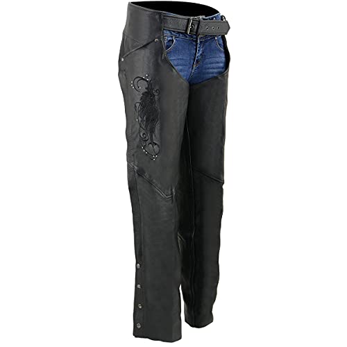 Milwaukee Leather Chaps for Women Black Naked Skin- Classic Black Color Wing Embroidery Motorcycle Chap- ML1179 - Large