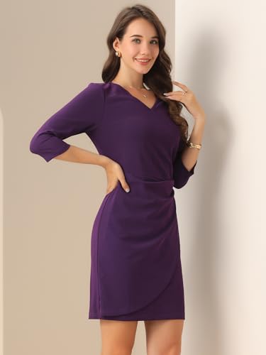 Allegra K Elegant Work Dress for Women's 3/4 Sleeve Faux Wrap V Neck Wedding Guest Sheath Dresses4