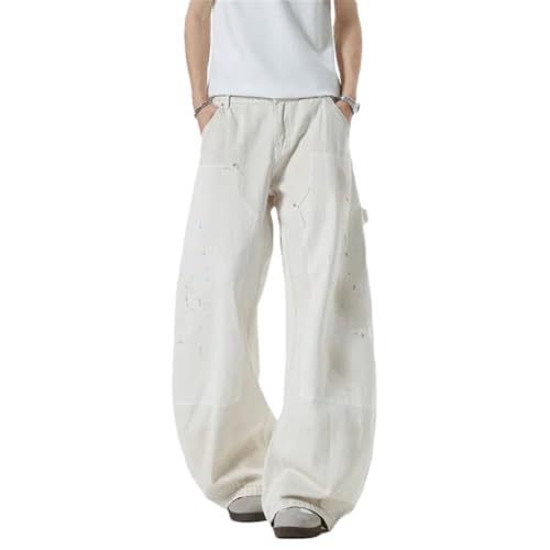 Men’s Niche Design Denim Pants, Splash-Ink Contrast Color, Patchwork Wide Leg Curved-Knife Jeans