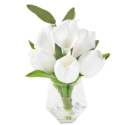 Laelfe Artificial Flowers in Vase with Faux Water - Real Touch Silk Fake Flowers Arrangemets in Glass Vase for Wedding Table Centerpiece Home Bathroom Office Decor Calla Lily + Tulip