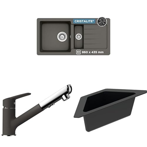 SCHOCK® Küchenspüle Typos D-150S Asphalt 86x43,5 cm - CRISTALITE® Grau | Küchenarmatur DAJA Asphalt – Hochdruck Armatur mit ausziehbarer Schlauch-Brause | Eckschale in schwarz I Spülbecken Zubehör